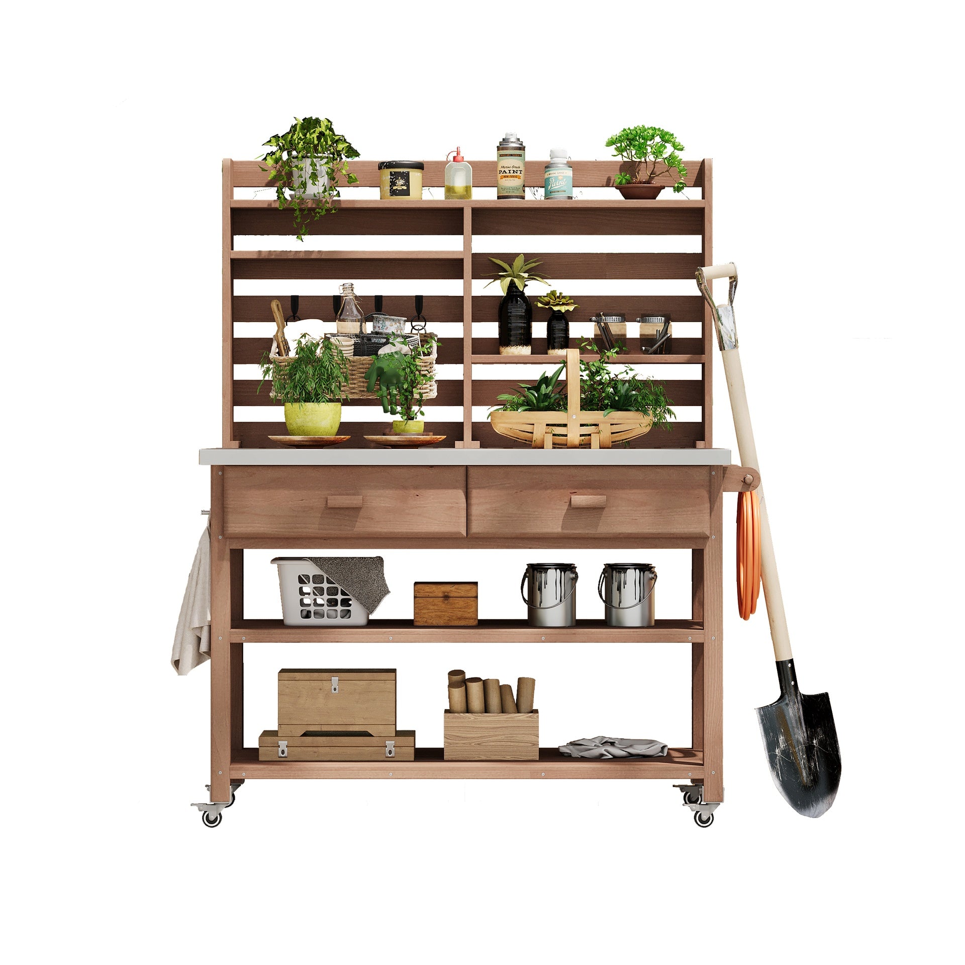 K&K 64.9"H Outdoor Potting Bench Table with Lockable Wheels, Solid Wood Outdoor Kitchen Island with Upper Hutch, Stainless Steel Top, Towel Rack ,Outdoor Storage for Grilling, Lawn Garden -Brown