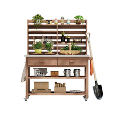 K&K 64.9"H Outdoor Potting Bench Table with Lockable Wheels, Solid Wood Outdoor Kitchen Island with Upper Hutch, Stainless Steel Top, Towel Rack ,Outdoor Storage for Grilling, Lawn Garden -Brown