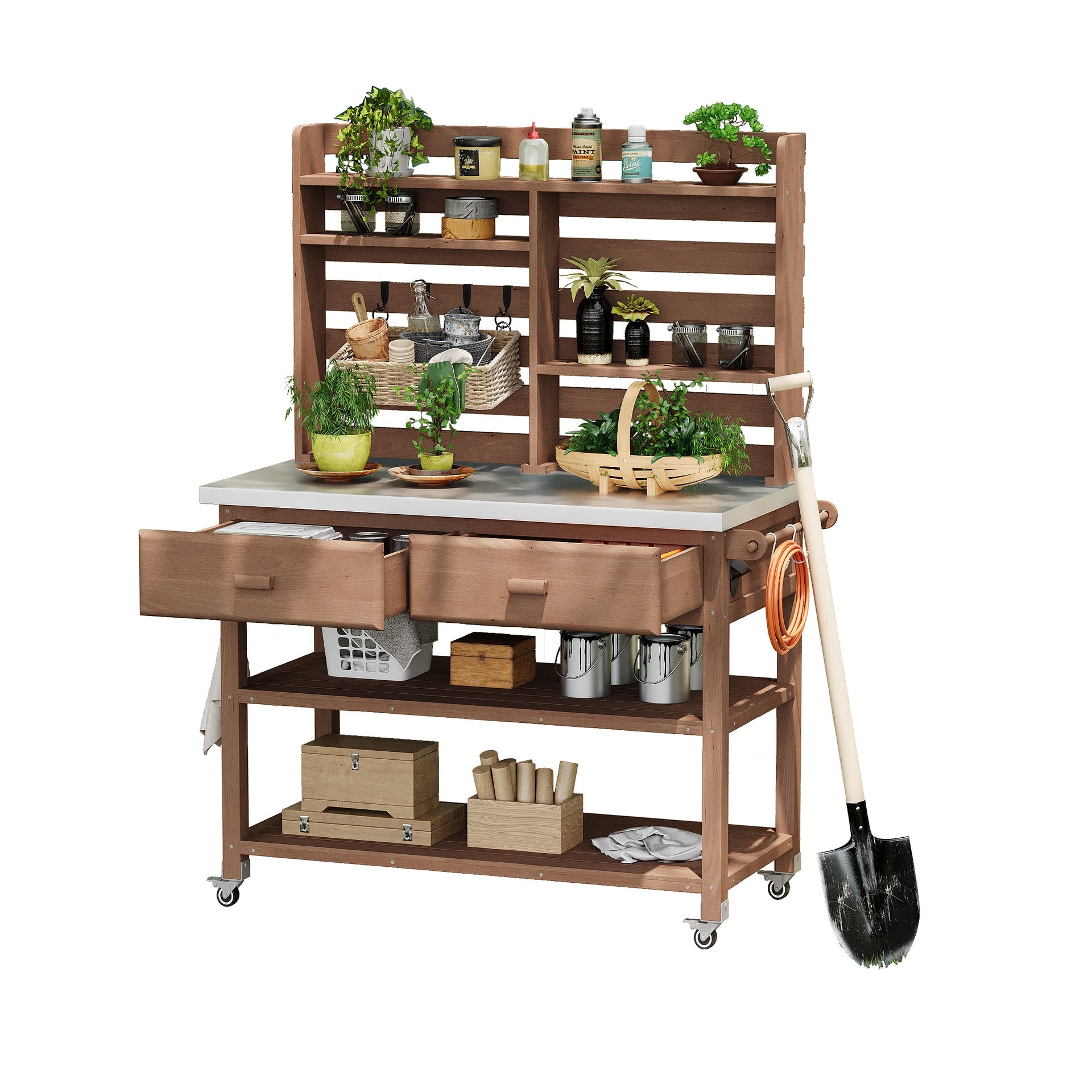 K&K 64.9"H Outdoor Potting Bench Table with Lockable Wheels, Solid Wood Outdoor Kitchen Island with Upper Hutch, Stainless Steel Top, Towel Rack ,Outdoor Storage for Grilling, Lawn Garden -Brown