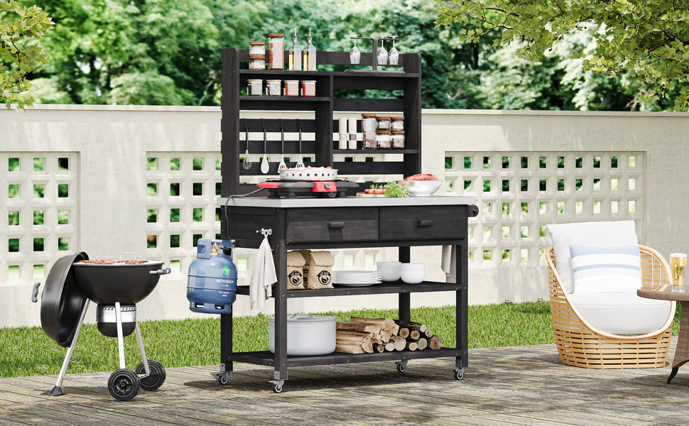 K&K 64.9"H Outdoor Potting Bench Table with Lockable Wheels, Solid Wood Outdoor Kitchen Island with Upper Hutch, Stainless Steel Top, Towel Rack ,Outdoor Storage for Grilling, Lawn Garden -Black