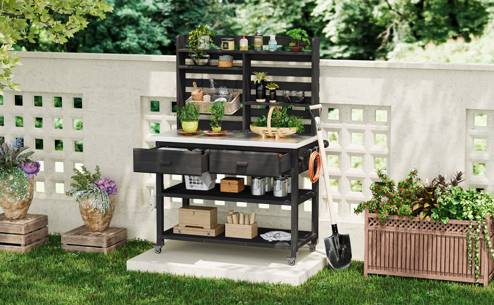 K&K 64.9"H Outdoor Potting Bench Table with Lockable Wheels, Solid Wood Outdoor Kitchen Island with Upper Hutch, Stainless Steel Top, Towel Rack ,Outdoor Storage for Grilling, Lawn Garden -Black