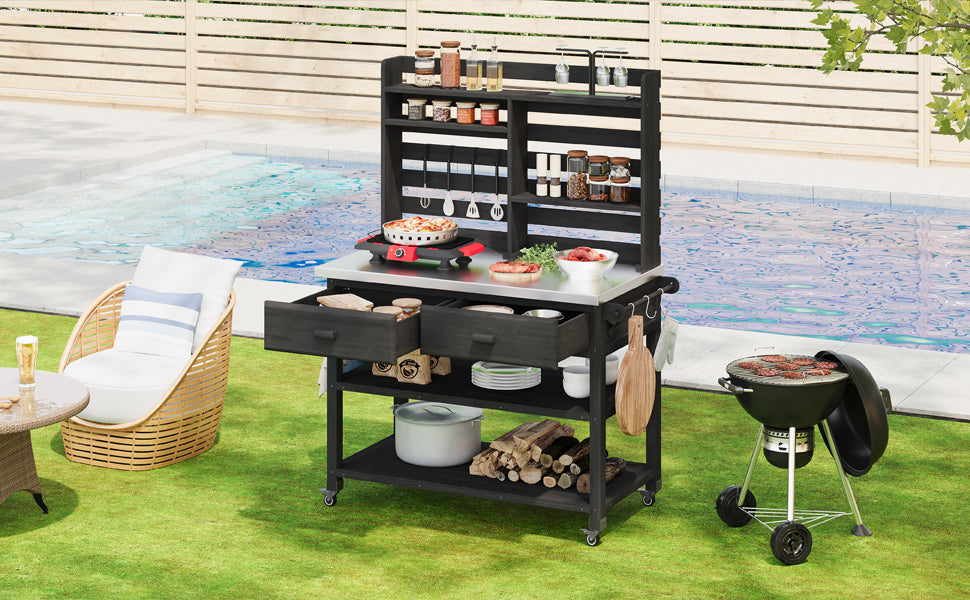 K&K 64.9"H Outdoor Potting Bench Table with Lockable Wheels, Solid Wood Outdoor Kitchen Island with Upper Hutch, Stainless Steel Top, Towel Rack ,Outdoor Storage for Grilling, Lawn Garden -Black