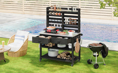 K&K 64.9"H Outdoor Potting Bench Table with Lockable Wheels, Solid Wood Outdoor Kitchen Island with Upper Hutch, Stainless Steel Top, Towel Rack ,Outdoor Storage for Grilling, Lawn Garden -Black