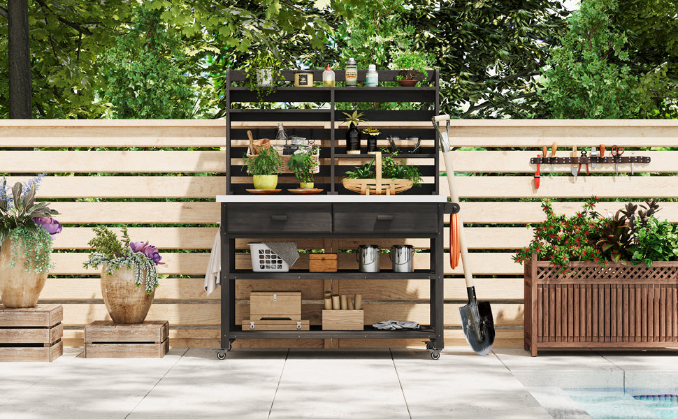 K&K 64.9"H Outdoor Potting Bench Table with Lockable Wheels, Solid Wood Outdoor Kitchen Island with Upper Hutch, Stainless Steel Top, Towel Rack ,Outdoor Storage for Grilling, Lawn Garden -Black