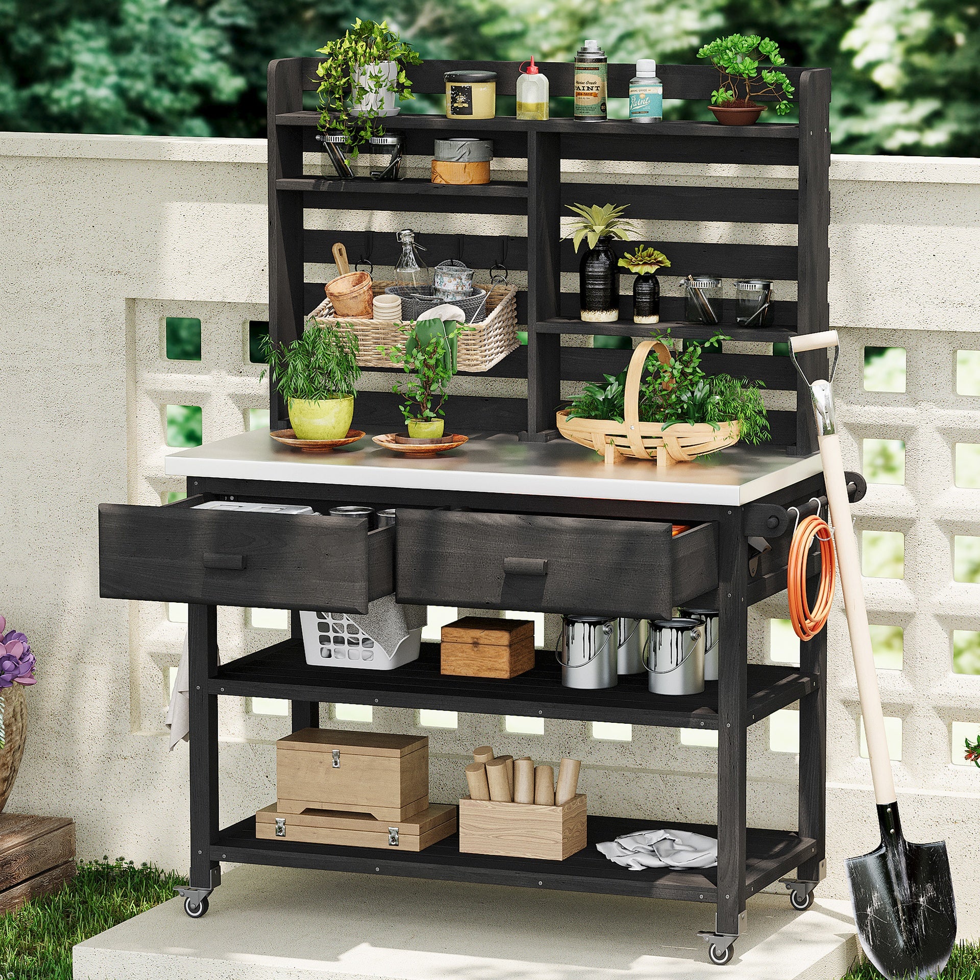 K&K 64.9"H Outdoor Potting Bench Table with Lockable Wheels, Solid Wood Outdoor Kitchen Island with Upper Hutch, Stainless Steel Top, Towel Rack ,Outdoor Storage for Grilling, Lawn Garden -Black