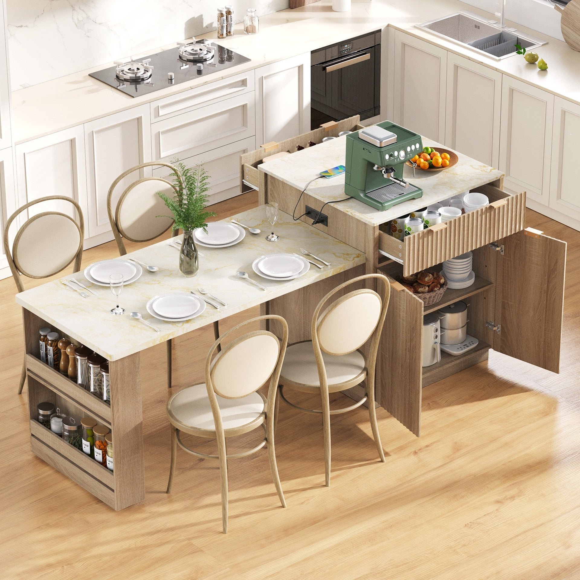 K&K 82.6" Fluted Kitchen Island with Extendable Dining Table for 4-6, Island Table for Kitchen with Power Outlet, Kitchen Table with Double-Side Storage, 2 Drawers 2 Side Open Shelves, Natural