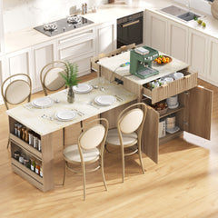 K&K 82.6" Fluted Kitchen Island with Extendable Dining Table for 4-6, Island Table for Kitchen with Power Outlet, Kitchen Table with Double-Side Storage, 2 Drawers 2 Side Open Shelves, Natural