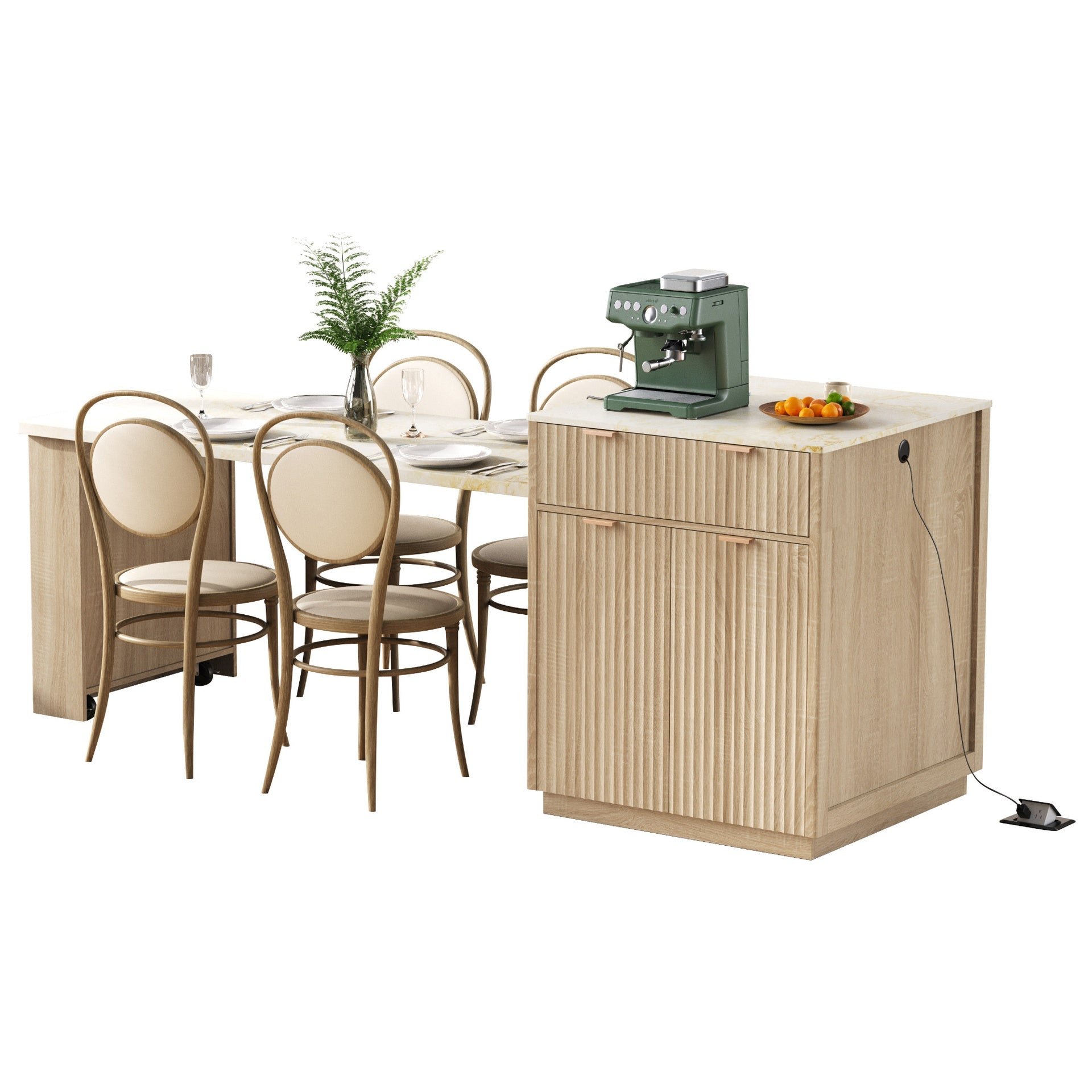 K&K 82.6" Fluted Kitchen Island with Extendable Dining Table for 4-6, Island Table for Kitchen with Power Outlet, Kitchen Table with Double-Side Storage, 2 Drawers 2 Side Open Shelves, Natural