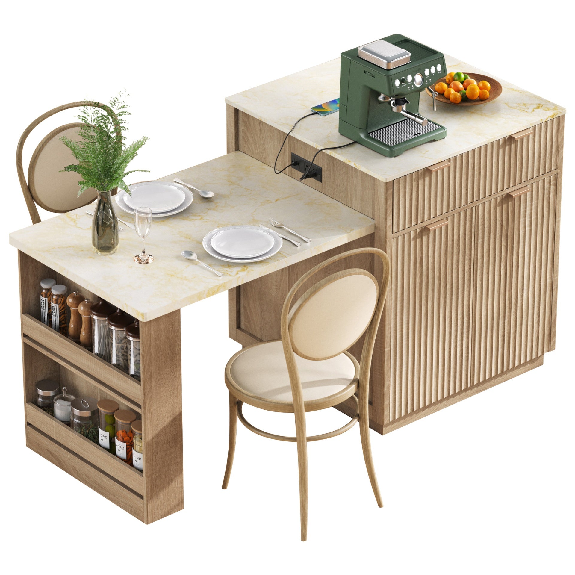 K&K 82.6" Fluted Kitchen Island with Extendable Dining Table for 4-6, Island Table for Kitchen with Power Outlet, Kitchen Table with Double-Side Storage, 2 Drawers 2 Side Open Shelves, Natural