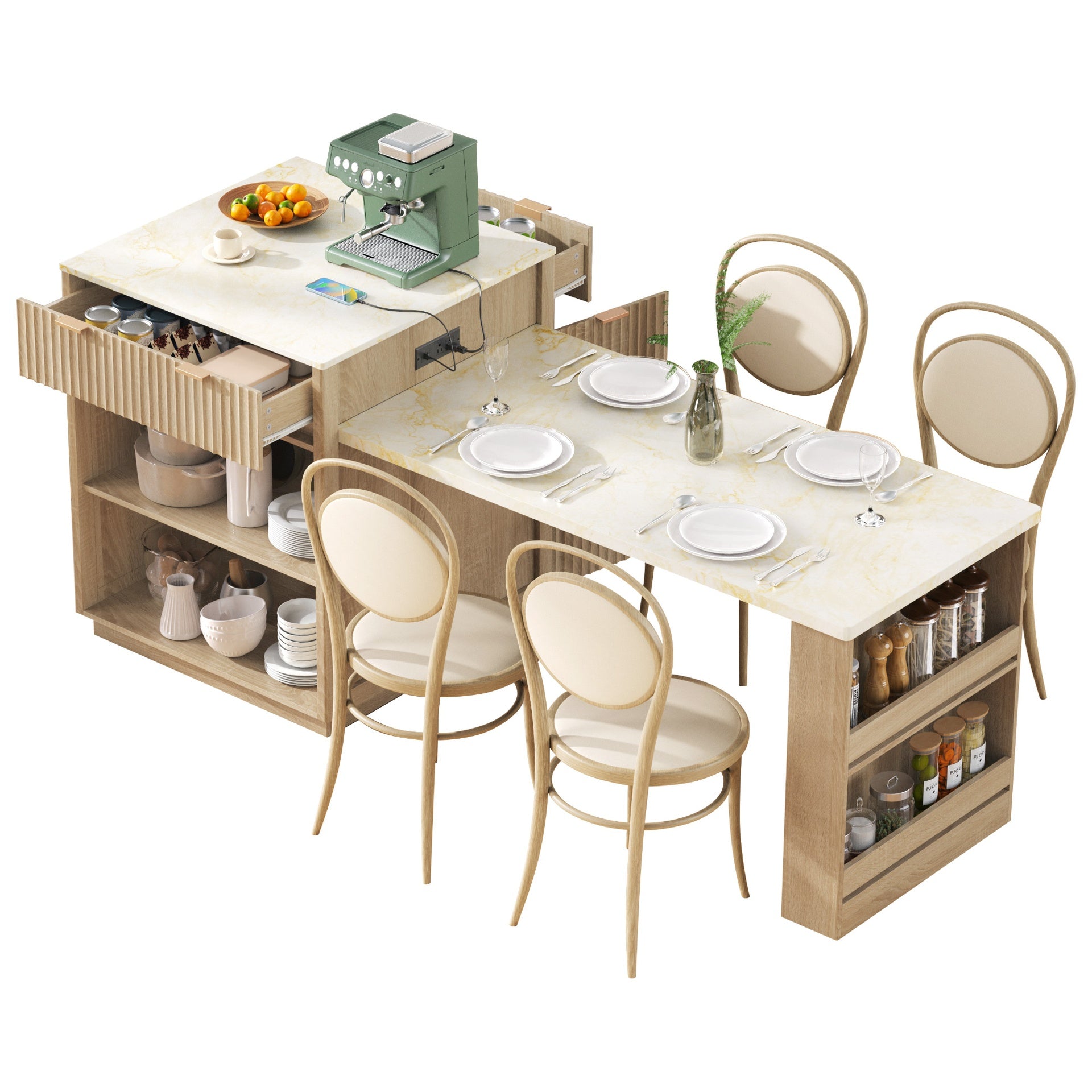 K&K 82.6" Fluted Kitchen Island with Extendable Dining Table for 4-6, Island Table for Kitchen with Power Outlet, Kitchen Table with Double-Side Storage, 2 Drawers 2 Side Open Shelves, Natural