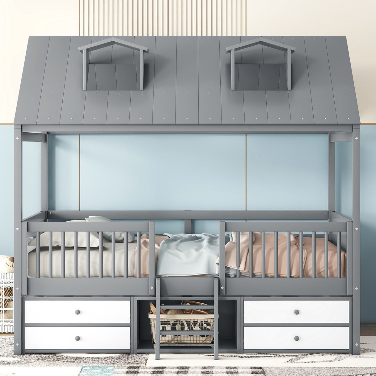 Full Size Wood Bed House Bed Frame,Gray