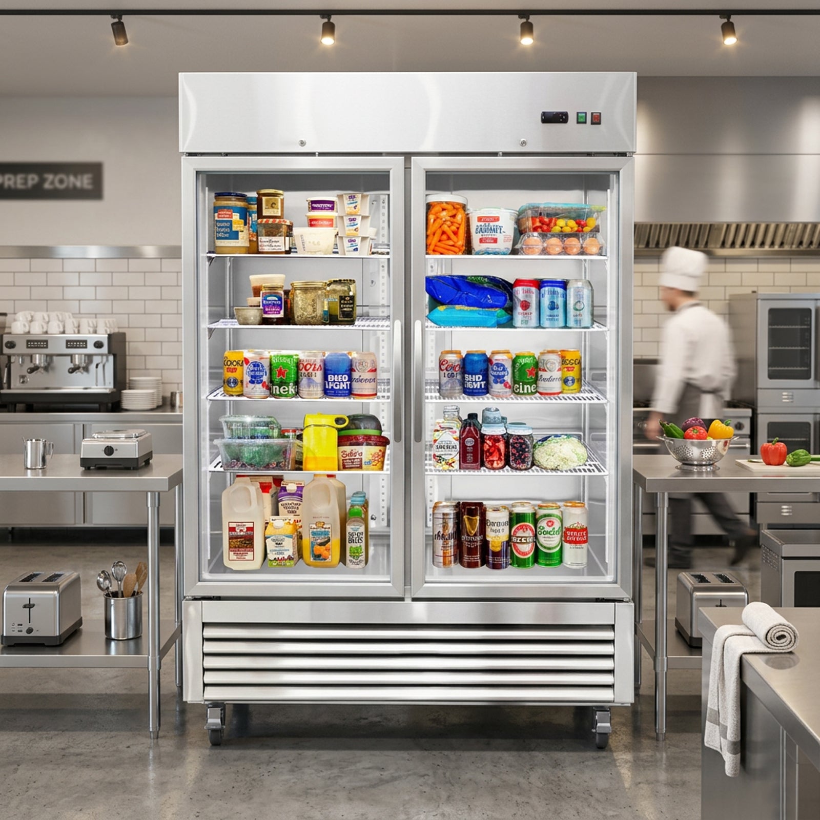 54"W Commercial Refrigerator 2 Glass Door Stainless Steel Interior and Exterior Construction Display Refrigerator 42.2 Cu.ft. Reach-in Merchandising Refrigerator Upright Fan Cooling Merchandiser