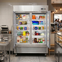 54"W Commercial Refrigerator 2 Glass Door Stainless Steel Interior and Exterior Construction Display Refrigerator 42.2 Cu.ft. Reach-in Merchandising Refrigerator Upright Fan Cooling Merchandiser