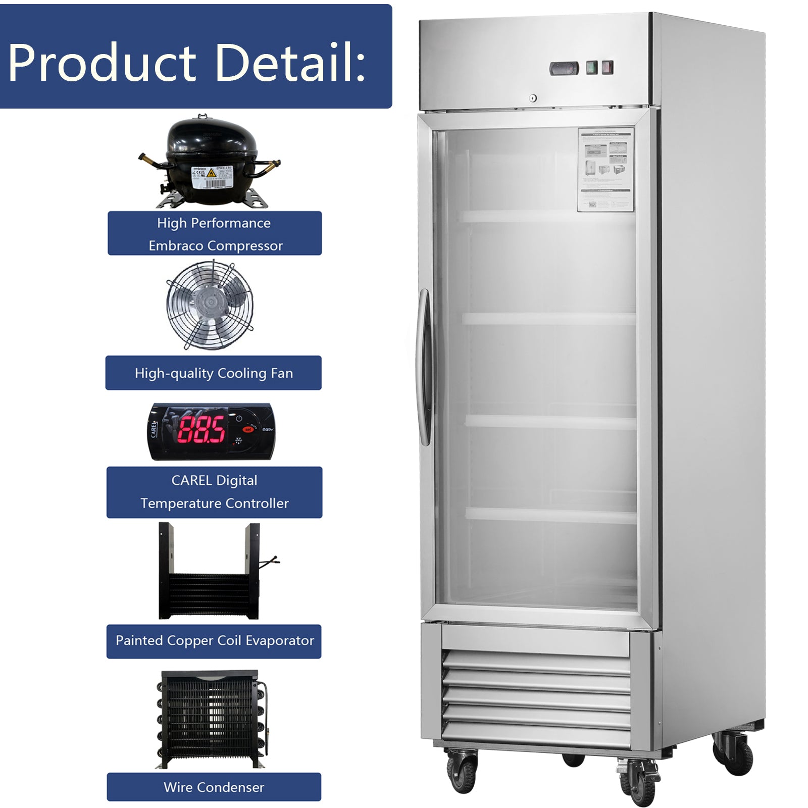 27"W Commercial Refrigerator 1 Glass Door Stainless Steel Interior and Exterior Construction Display Refrigerator 18.68 Cu.ft. Reach-in Merchandising Refrigerator Upright Fan Cooling Merchandiser