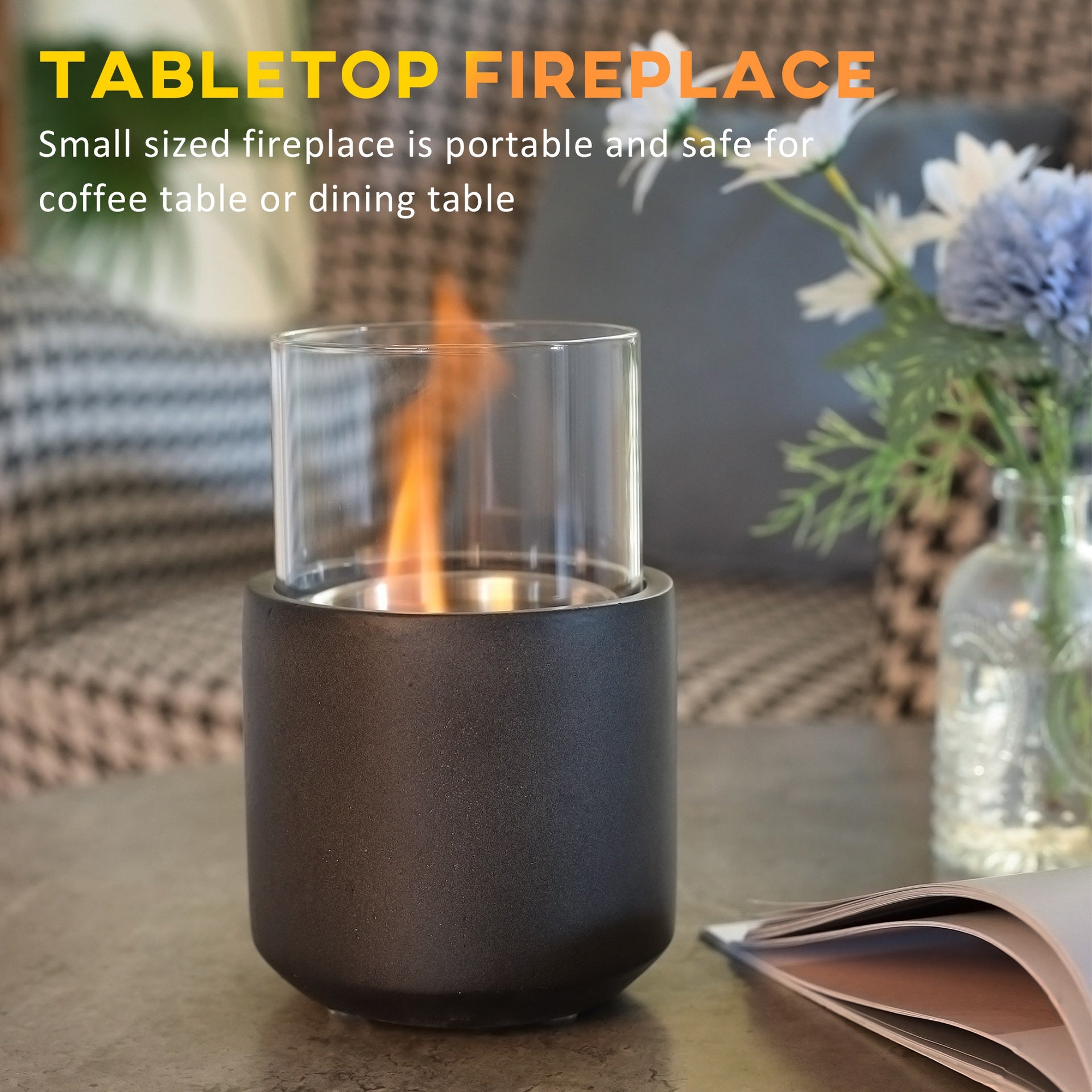 Tabletop Fireplace, Mini Concrete Ethanol Fire Bowl with Lid, Burns up with Liquid Alcohol and Solid Tablet Alcohol, Dark Grey