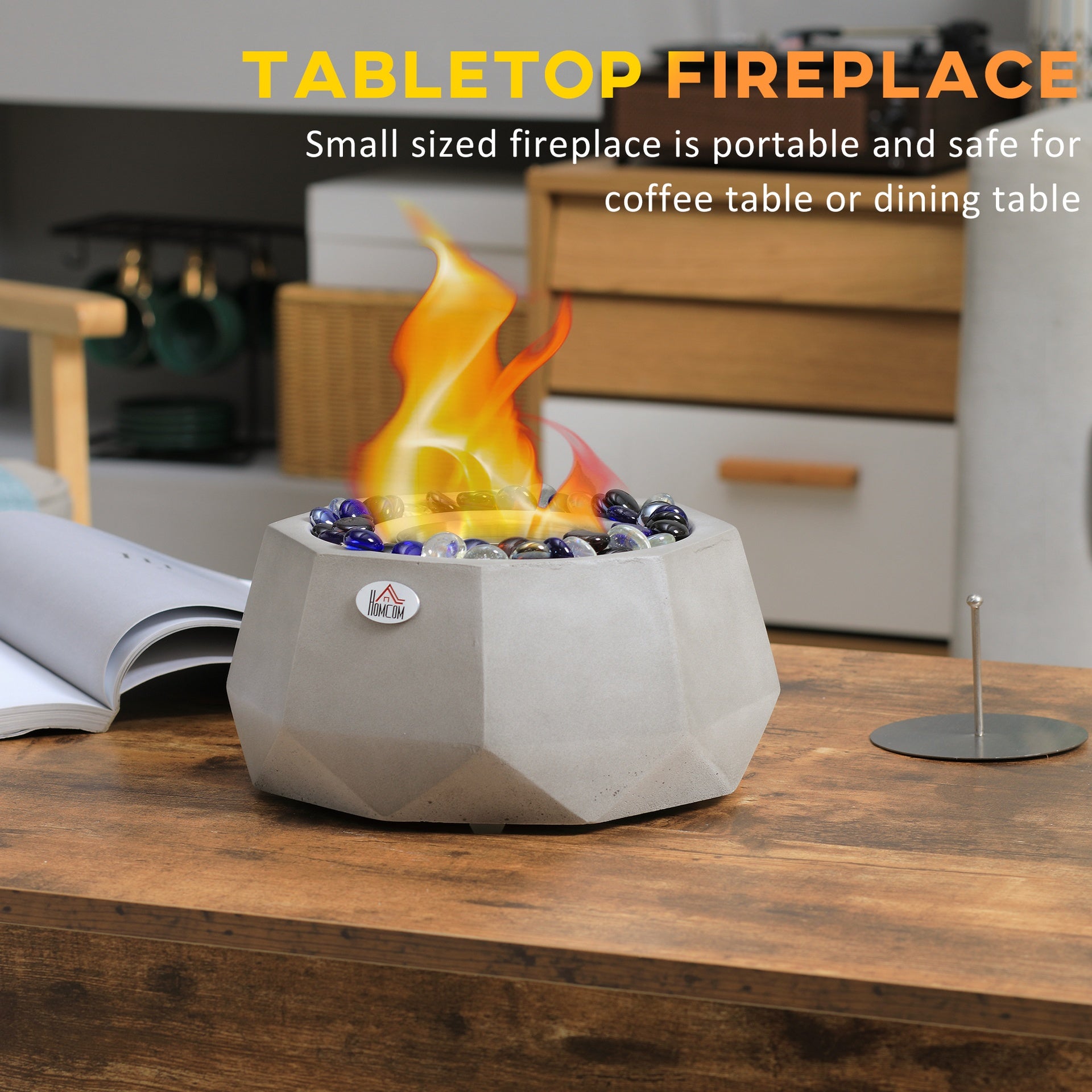 Concrete Tabletop Fireplace, 9" Portable Alcohol Fireplace with Lid for Indoor and Outdoor, 0.1 Gal Max 215 Sq. Ft., Burns up with Liquid Alcohol and Solid Alcohol, Light Grey