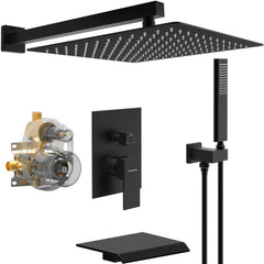 Male NPT Bathtub Shower Faucet Set, Waterfall Tub Faucet with 12-Inch Matte Black Rain Shower Head System