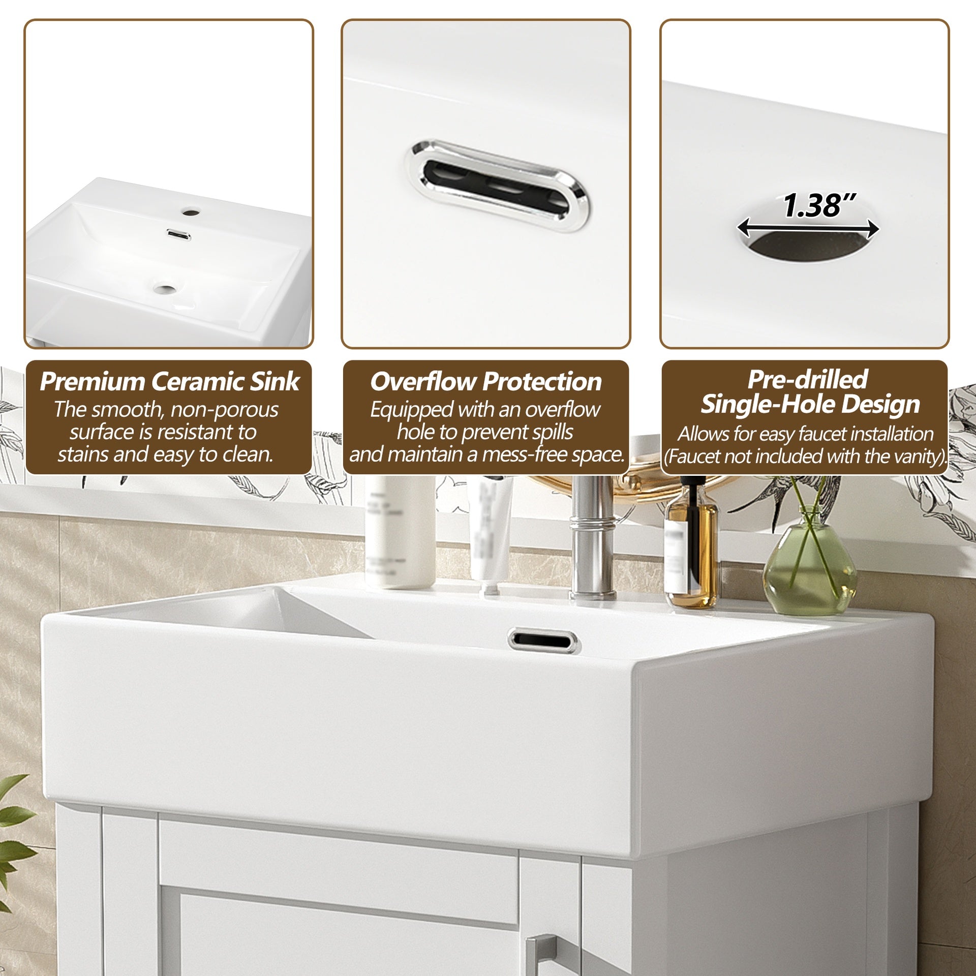 20.28'' White Modern Bathroom Vanity with Ceramic Sink, Solid Wood Frame, and Drawer – Ideal for Small Bathrooms.