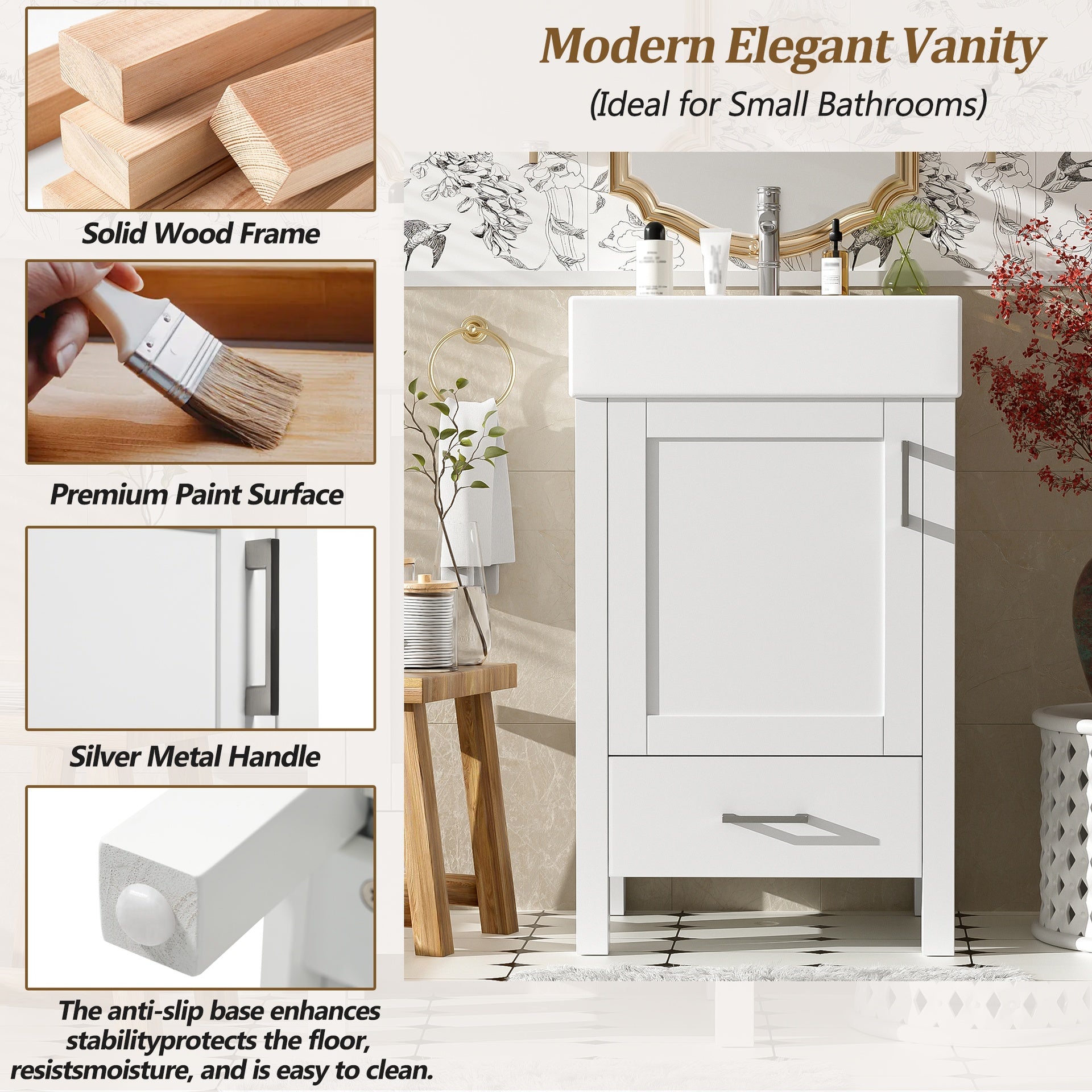 20.28'' White Modern Bathroom Vanity with Ceramic Sink, Solid Wood Frame, and Drawer – Ideal for Small Bathrooms.