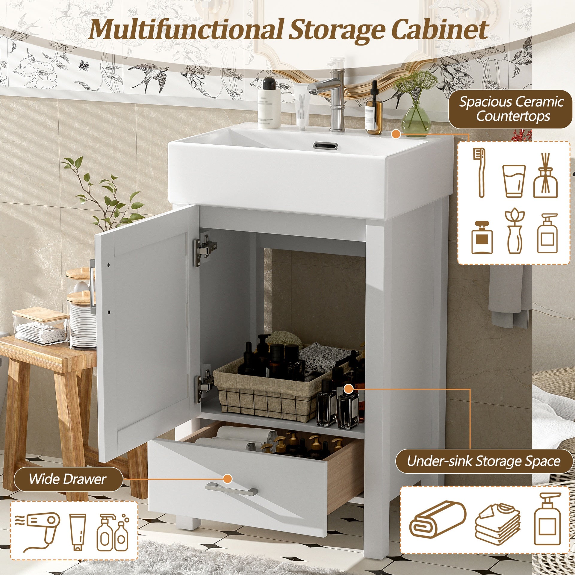 20.28'' White Modern Bathroom Vanity with Ceramic Sink, Solid Wood Frame, and Drawer – Ideal for Small Bathrooms.