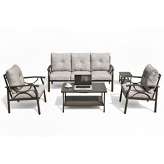5-Piece Metal Patio Furniture Set, 5-Seat All-Weather Conversation Sofa with 4 Inches Thick Gray Cushions, Khaki Frame, Coffee Table & End Table for Porch Backyard Garden