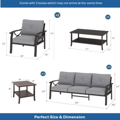 5-Piece Metal Patio Furniture Set, 5-Seat All-Weather Conversation Sofa with 4 Inches Thick Gray Cushions, Khaki Frame, Coffee Table & End Table for Porch Backyard Garden