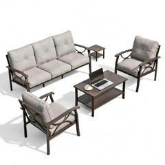 5-Piece Metal Patio Furniture Set, 5-Seat All-Weather Conversation Sofa with 4 Inches Thick Gray Cushions, Khaki Frame, Coffee Table & End Table for Porch Backyard Garden