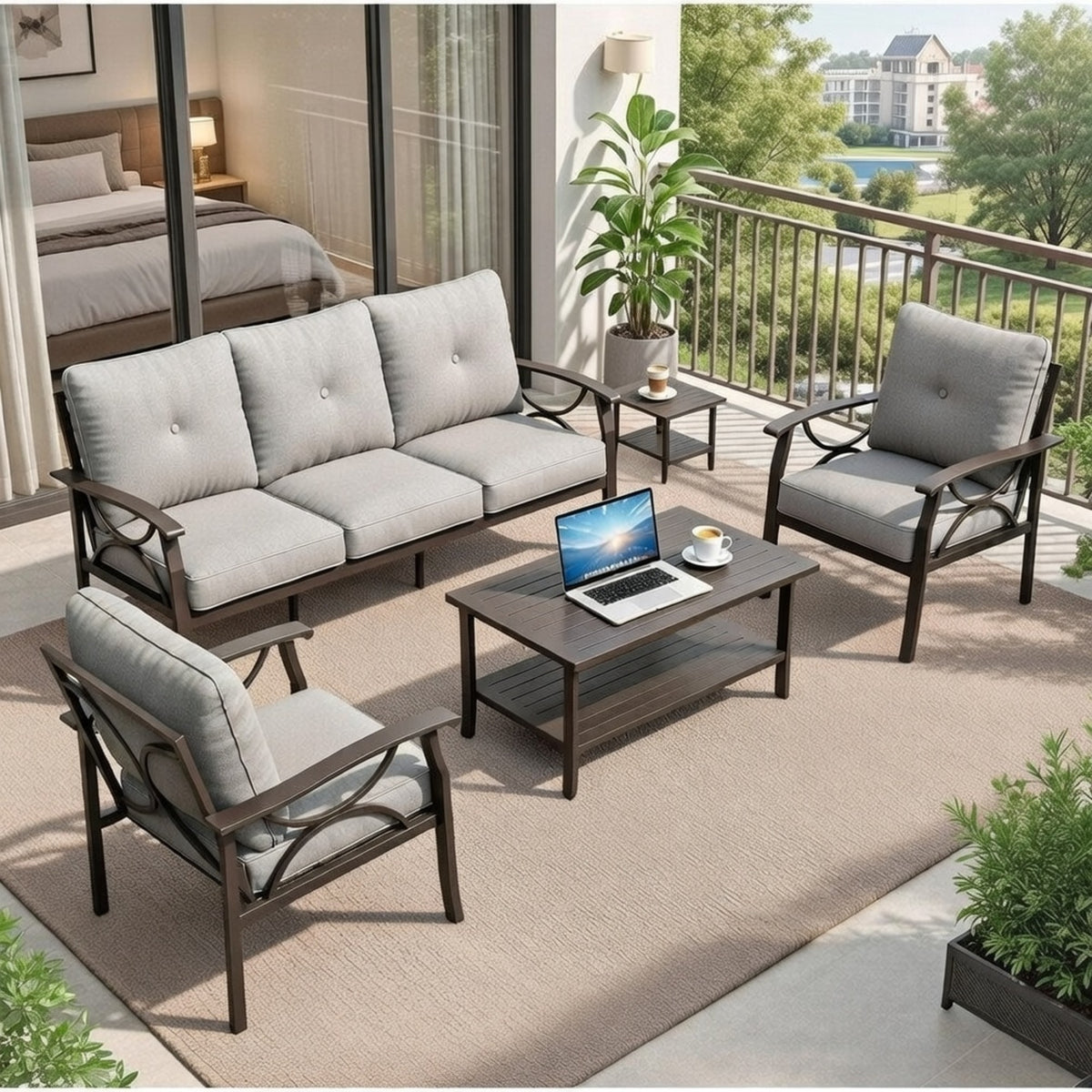 5-Piece Metal Patio Furniture Set, 5-Seat All-Weather Conversation Sofa with 4 Inches Thick Gray Cushions, Khaki Frame, Coffee Table & End Table for Porch Backyard Garden