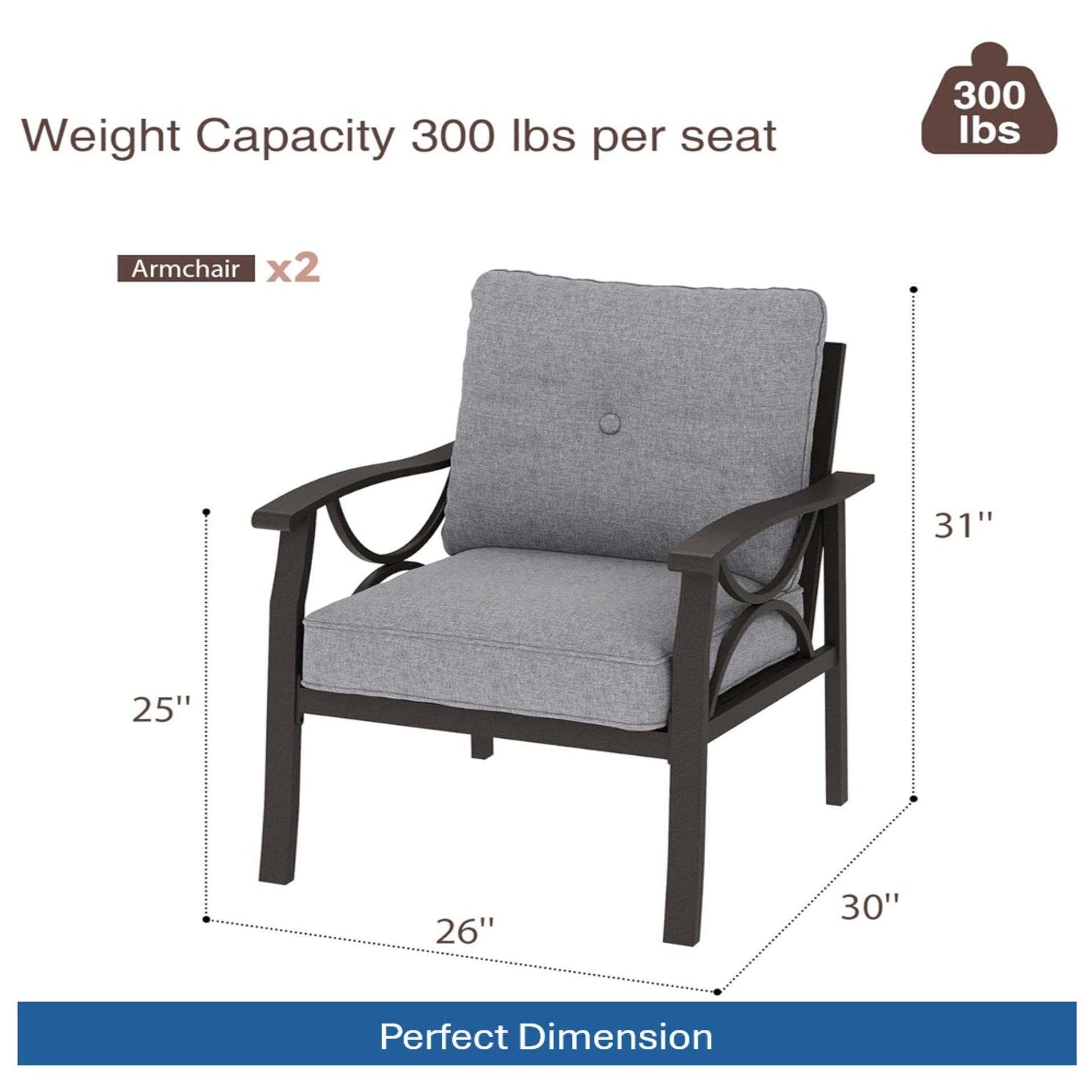 Set of 2  All-Weather Metal Armchairs, Khaki Frame with Gray Cushions