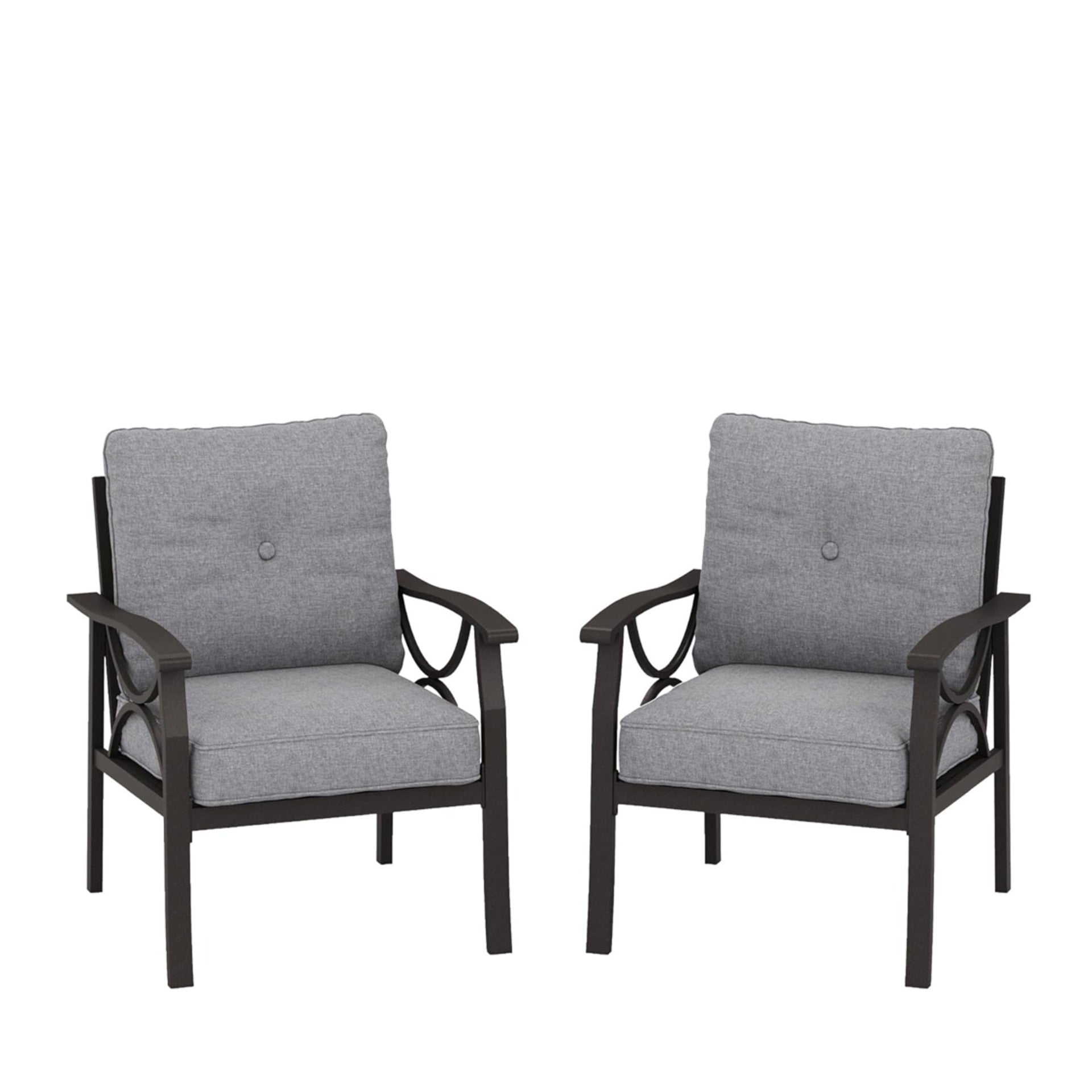 Set of 2  All-Weather Metal Armchairs, Khaki Frame with Gray Cushions
