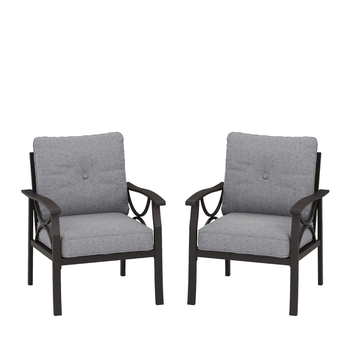 Set of 2  All-Weather Metal Armchairs, Khaki Frame with Gray Cushions