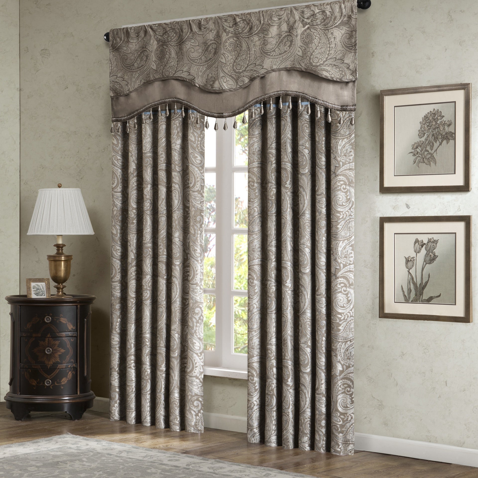 Jacquard Window Rod Pocket Valance With Beads Blue/Brown 50x18"
