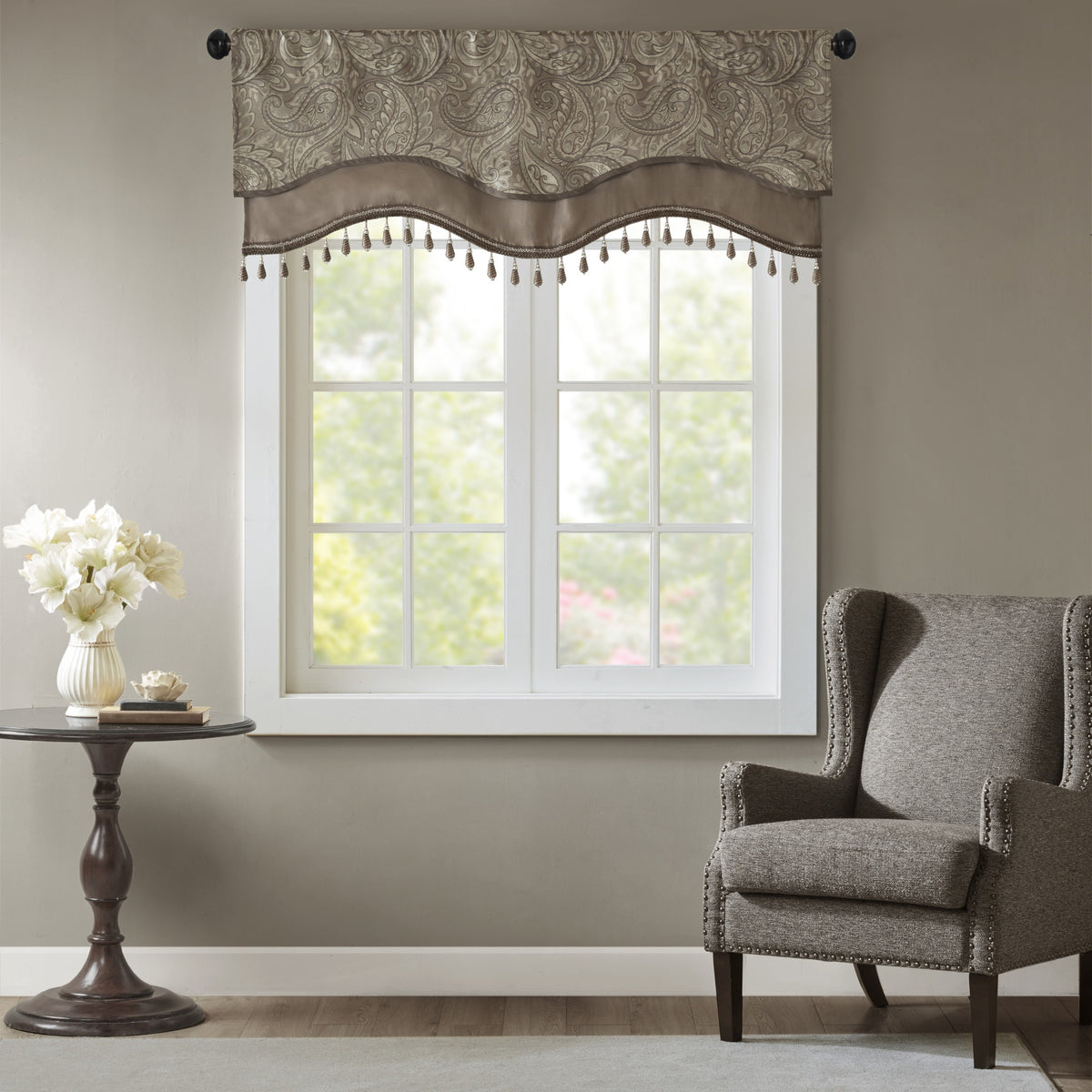 Jacquard Window Rod Pocket Valance With Beads Blue/Brown 50x18"