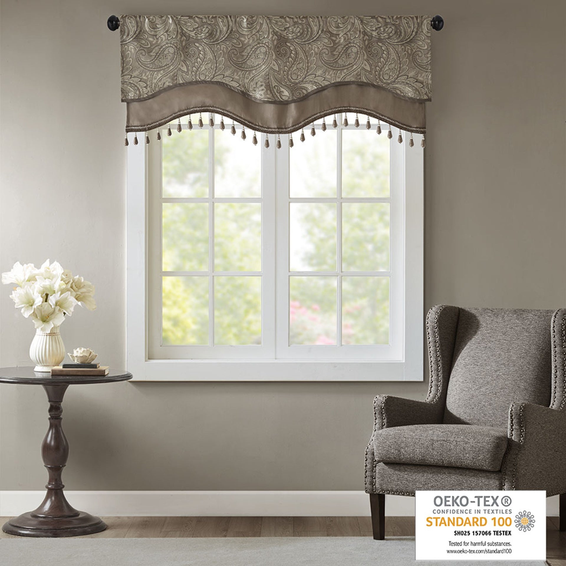 Jacquard Window Rod Pocket Valance With Beads Blue/Brown 50x18"