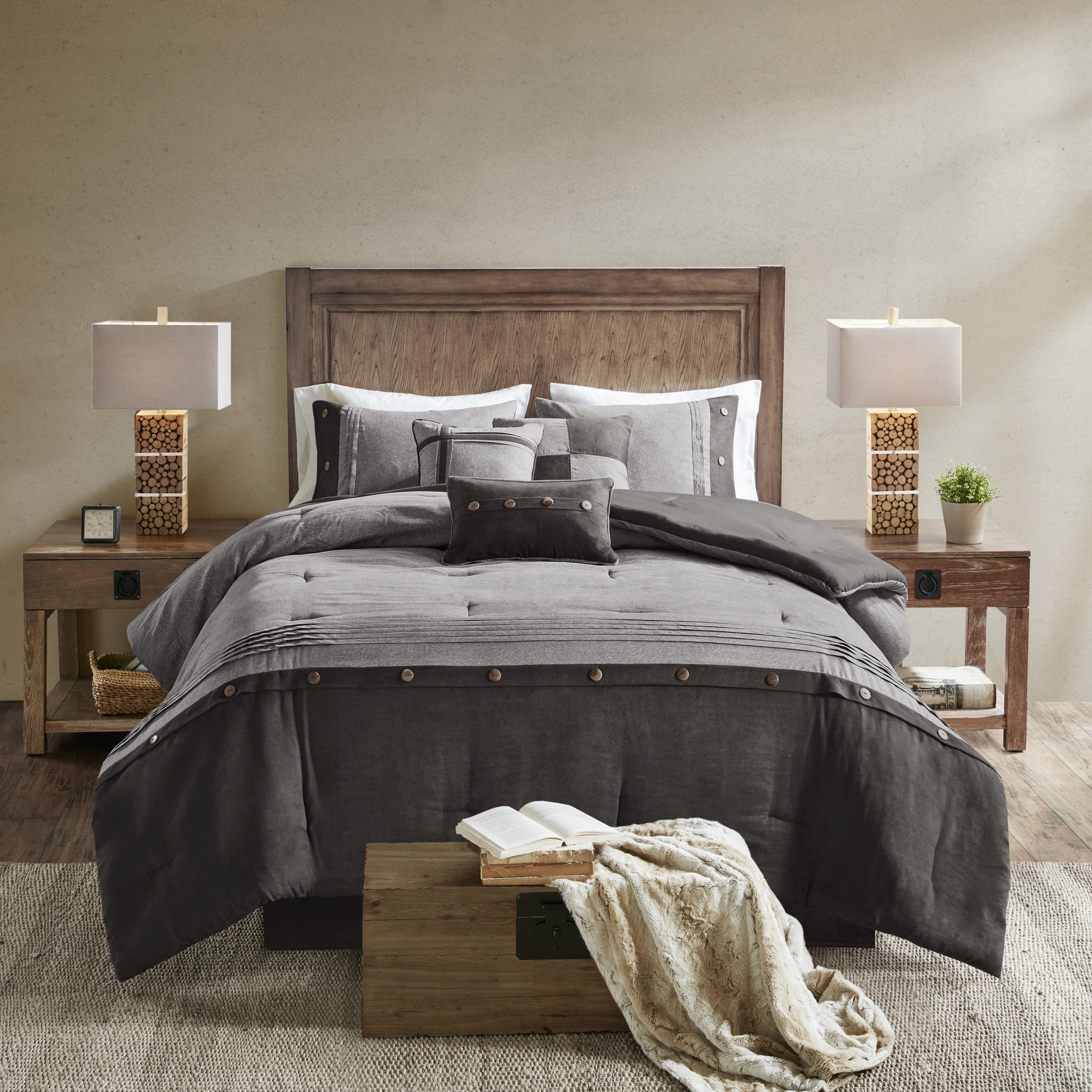 7 Piece Faux Suede Comforter Set Grey King