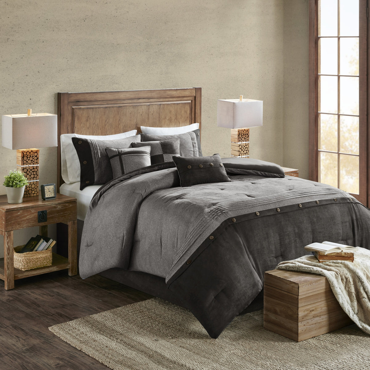 7 Piece Faux Suede Comforter Set Grey King
