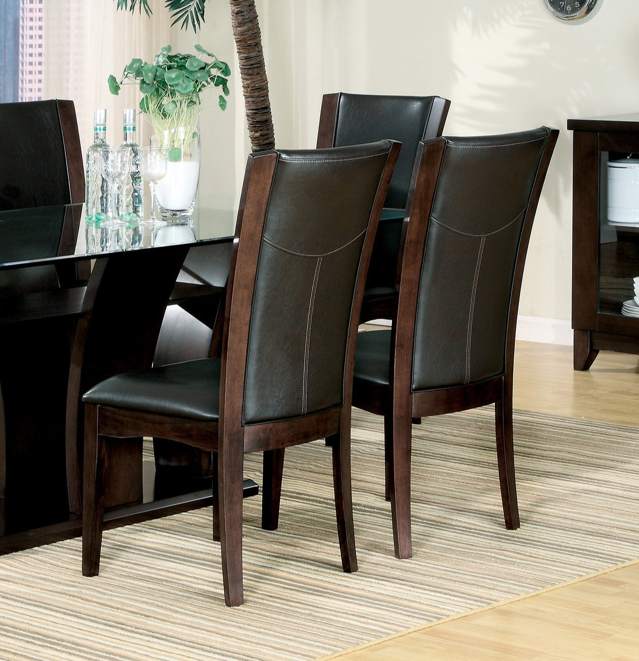 Modern Contemporary Dining Side Chairs Set of 2 Dark Brown Faux Leather Upholstered Espresso Finish Hardwood Solid
