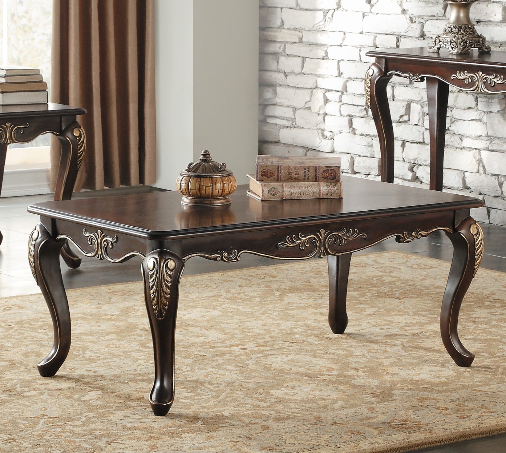 1pc Formal Traditional Coffee Table Dark Cherry Finish with Gold Tipping Elegant Design Living Room Furniture