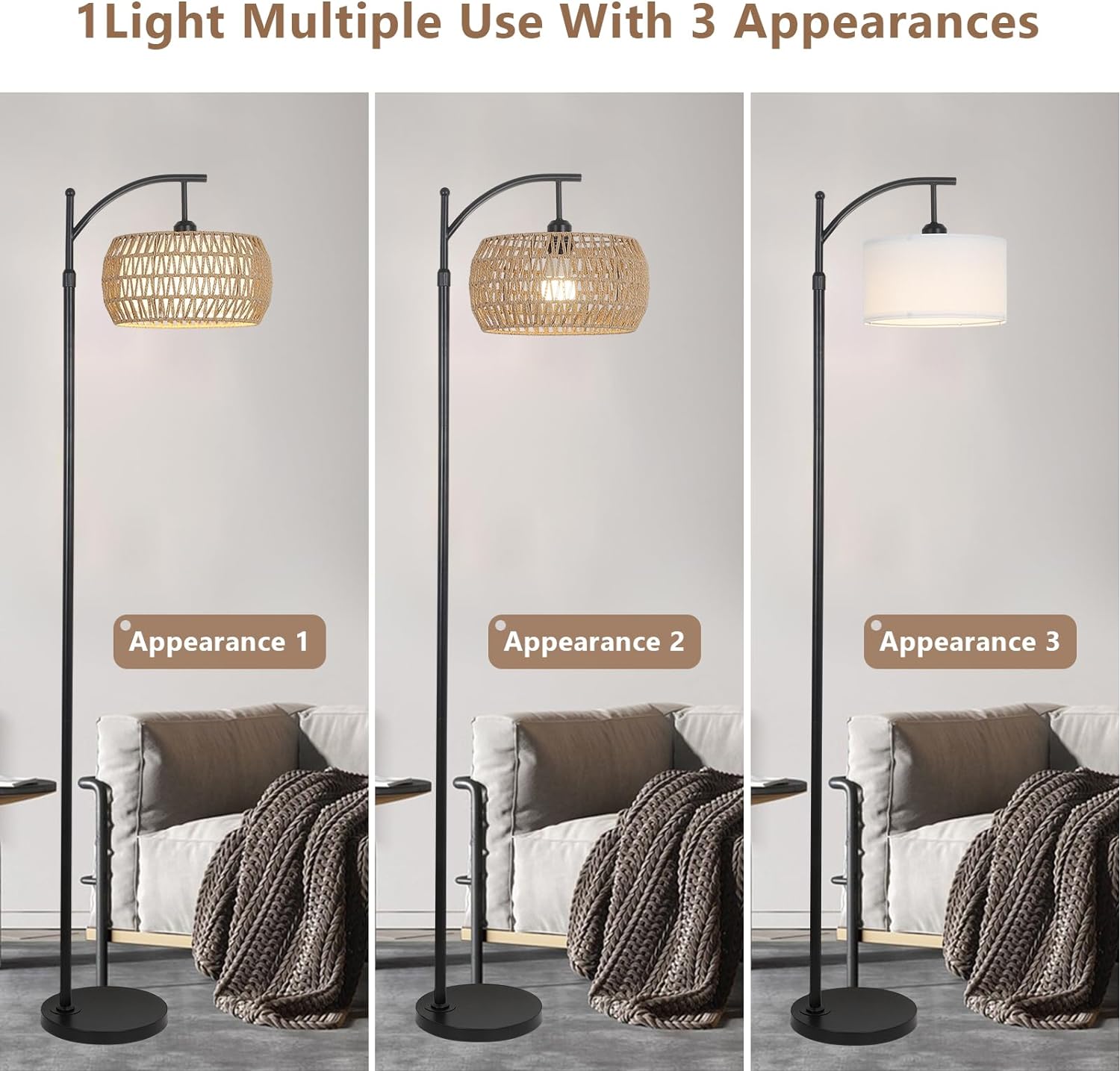 Arc Floor Lamp with Remote Control, Dimmable LED Floor Lamp with 3 Color Temperature, Black Standing Lamp with Rattan & Fabric Double Drum Shade, Boho Farmhouse Tall Pole Lamp for Living Room Bedroom
