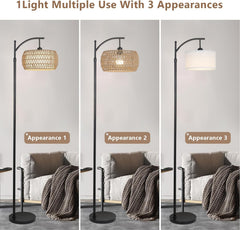 Arc Floor Lamp with Remote Control, Dimmable LED Floor Lamp with 3 Color Temperature, Black Standing Lamp with Rattan & Fabric Double Drum Shade, Boho Farmhouse Tall Pole Lamp for Living Room Bedroom