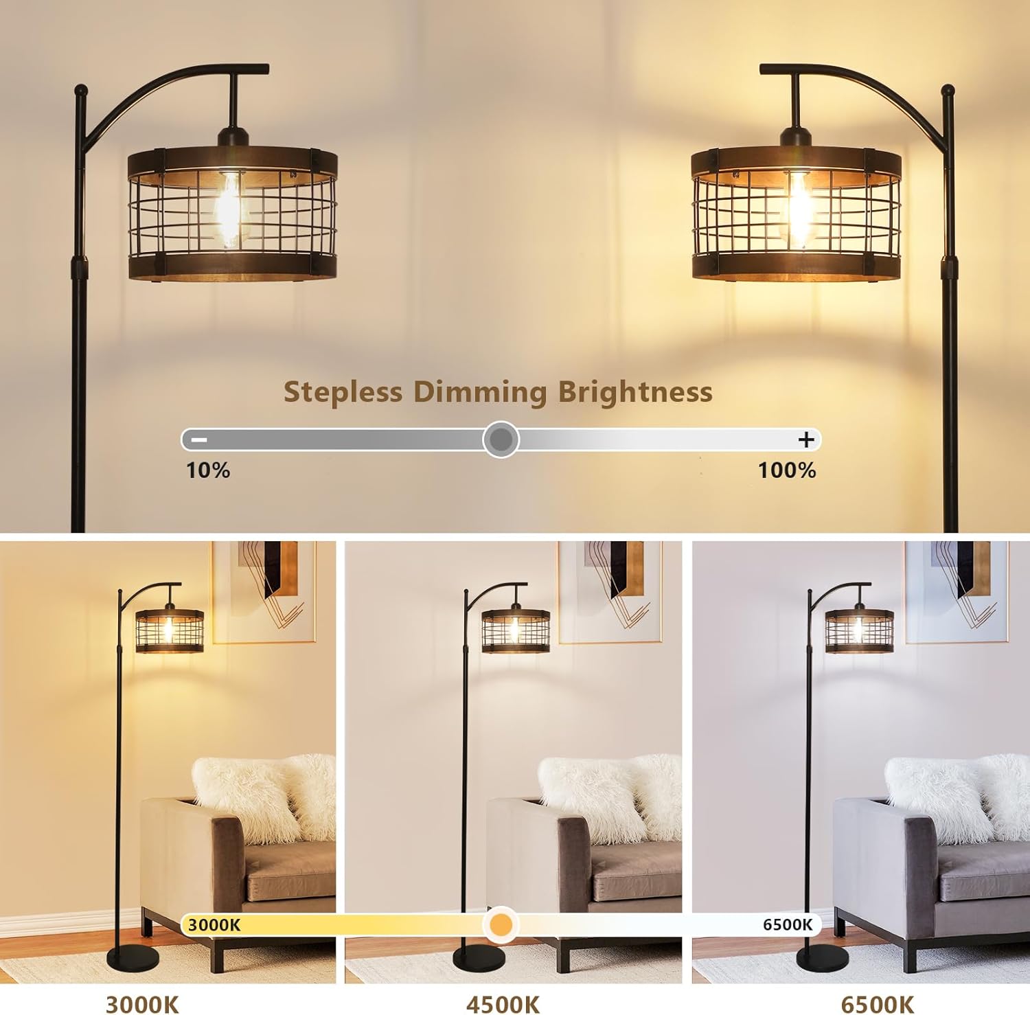 Arc Floor Lamp with Remote & Dimmable LED Bulb