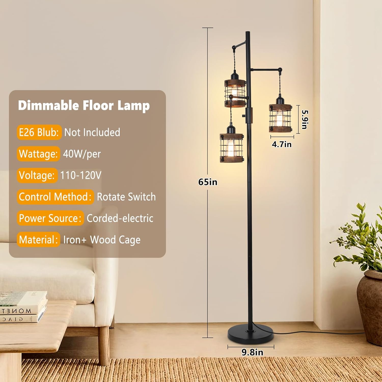 Airposta Dimmable Floor Lamps for Living Room, 3-Light Industrial Floor Lamp with Wood & Metal Cage