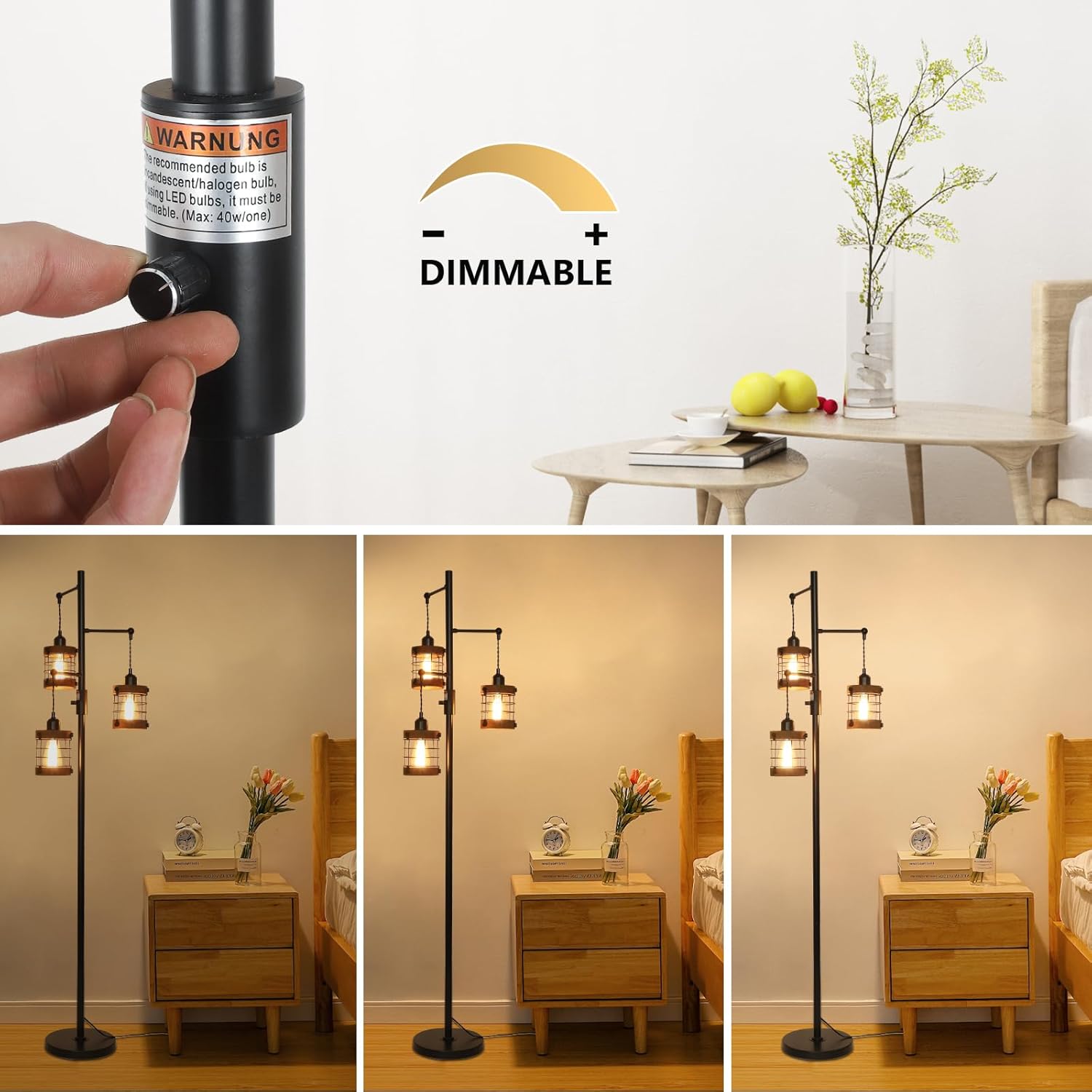 Airposta Dimmable Floor Lamps for Living Room, 3-Light Industrial Floor Lamp with Wood & Metal Cage
