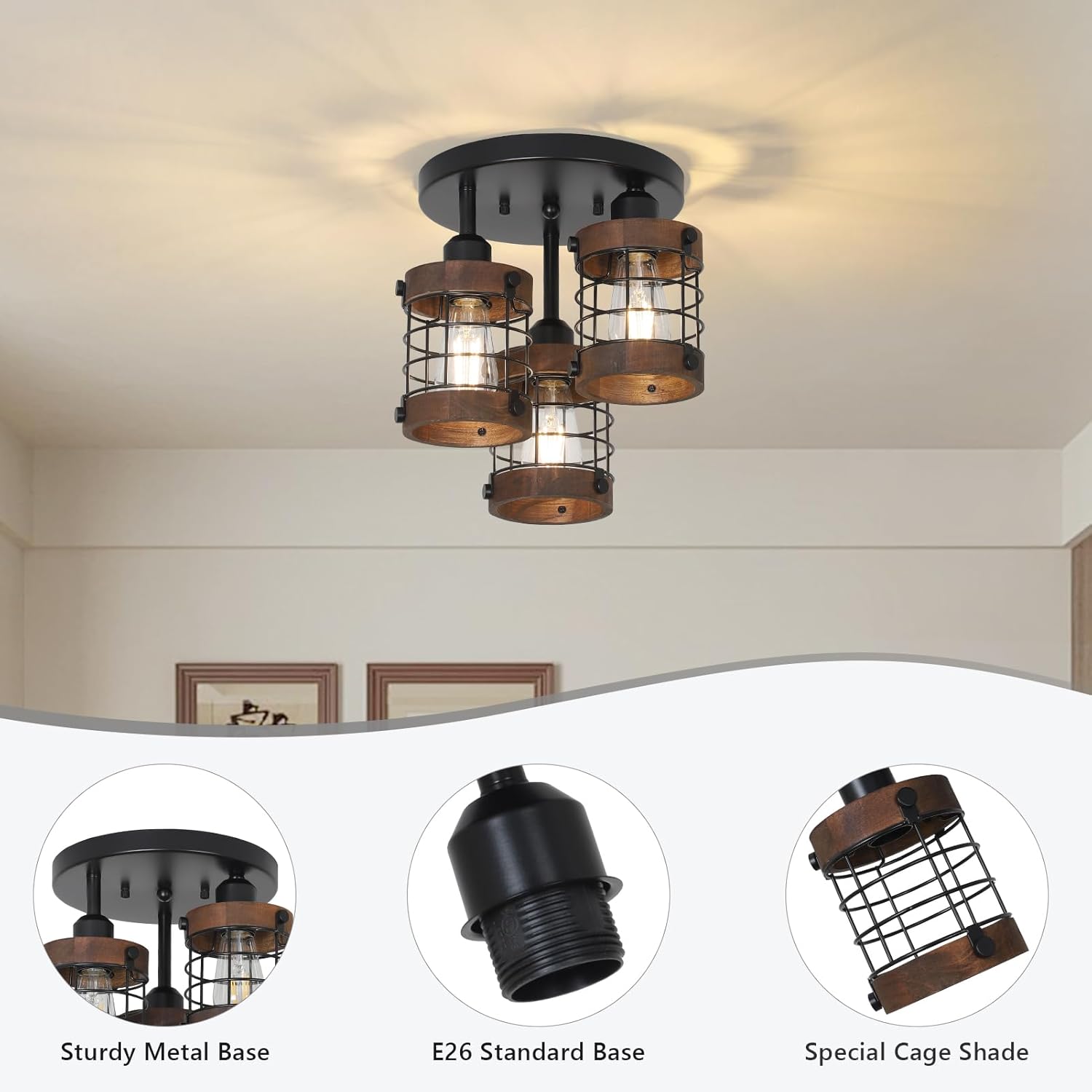 Semi Flush Mount Ceiling Light,3-Light Farmhouse Chandelier Light Fixtures Ceiling Mount