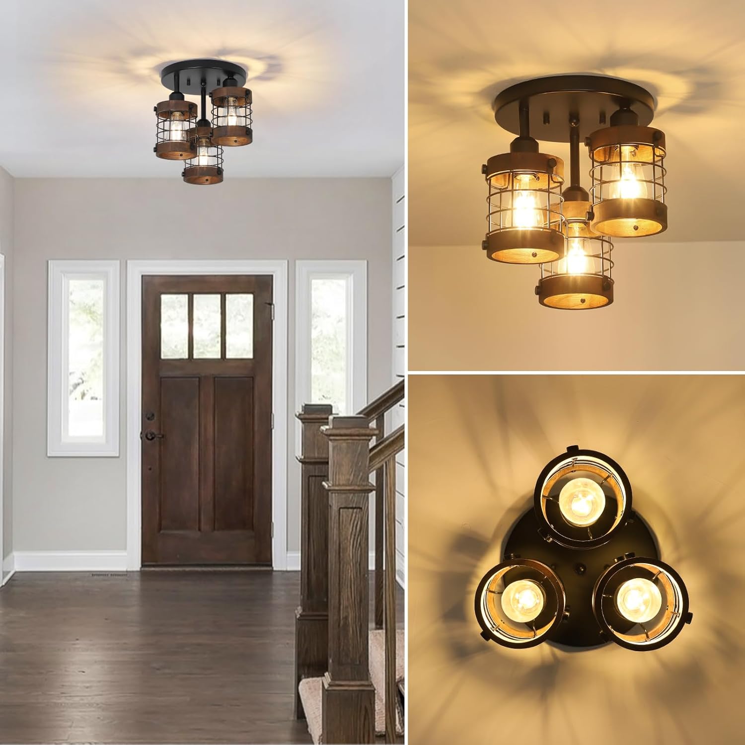 Semi Flush Mount Ceiling Light,3-Light Farmhouse Chandelier Light Fixtures Ceiling Mount