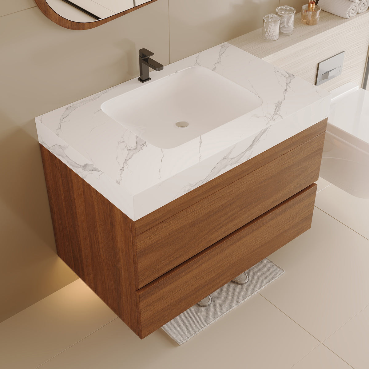 29.9" Modern Floating Bathroom Vanity with Faux Marble Top and Ceramic Undermount Sink, Wall-Mounted for Small Bathrooms and Apartments