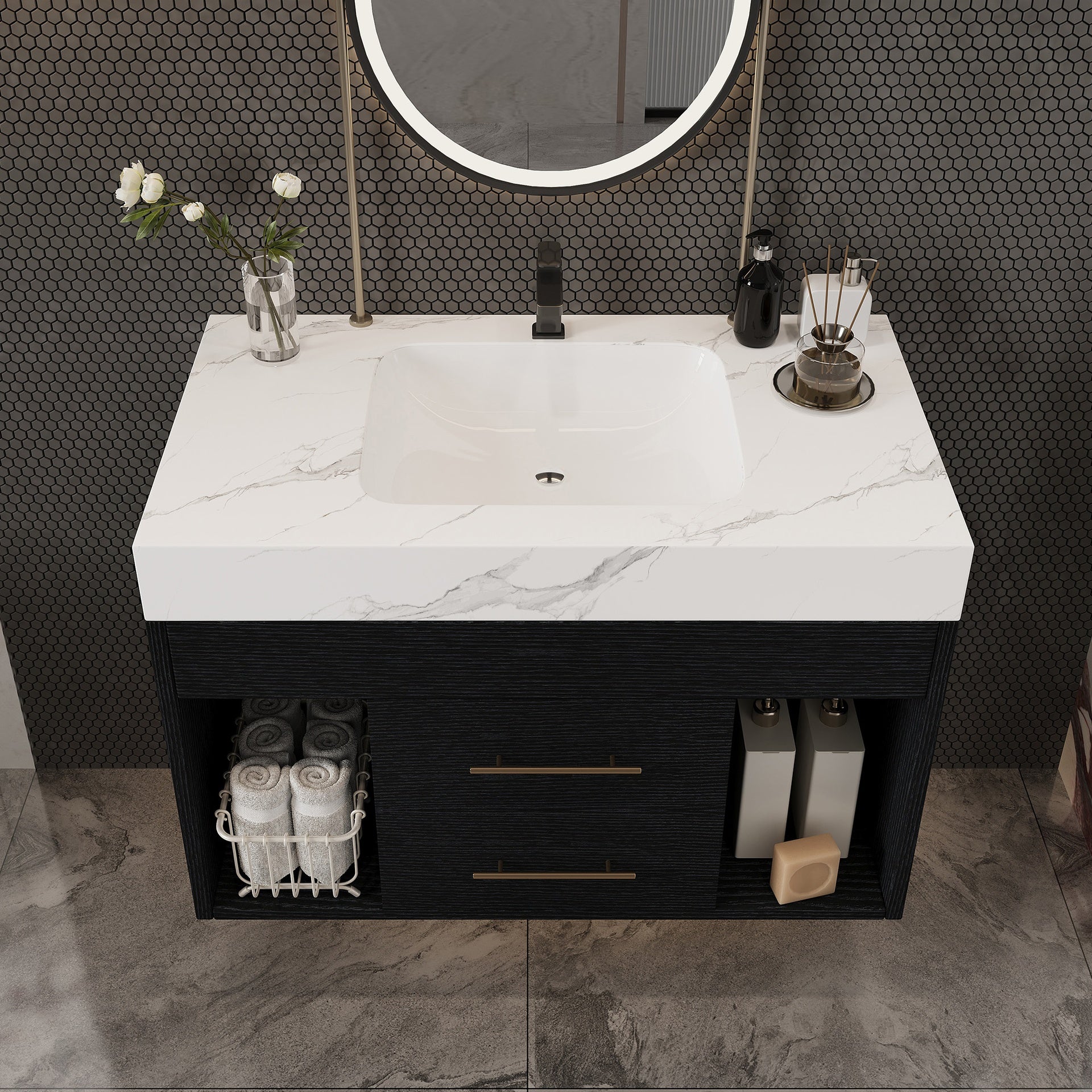 29.9" Modern Floating Bathroom Vanity with Sintered Stone Top Ceramic Undermount Sink Wall-Mounted for Small Bathrooms, Apartment