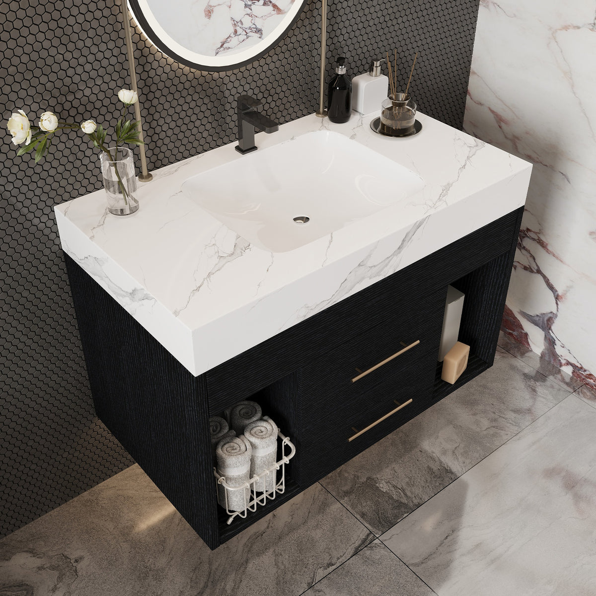 29.9" Modern Floating Bathroom Vanity with Sintered Stone Top Ceramic Undermount Sink Wall-Mounted for Small Bathrooms, Apartment