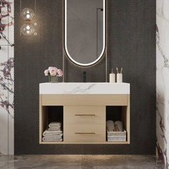29.9" Modern Floating Bathroom Vanity with Sintered Stone Top Ceramic Undermount Sink Wall-Mounted for Small Bathrooms, Apartment