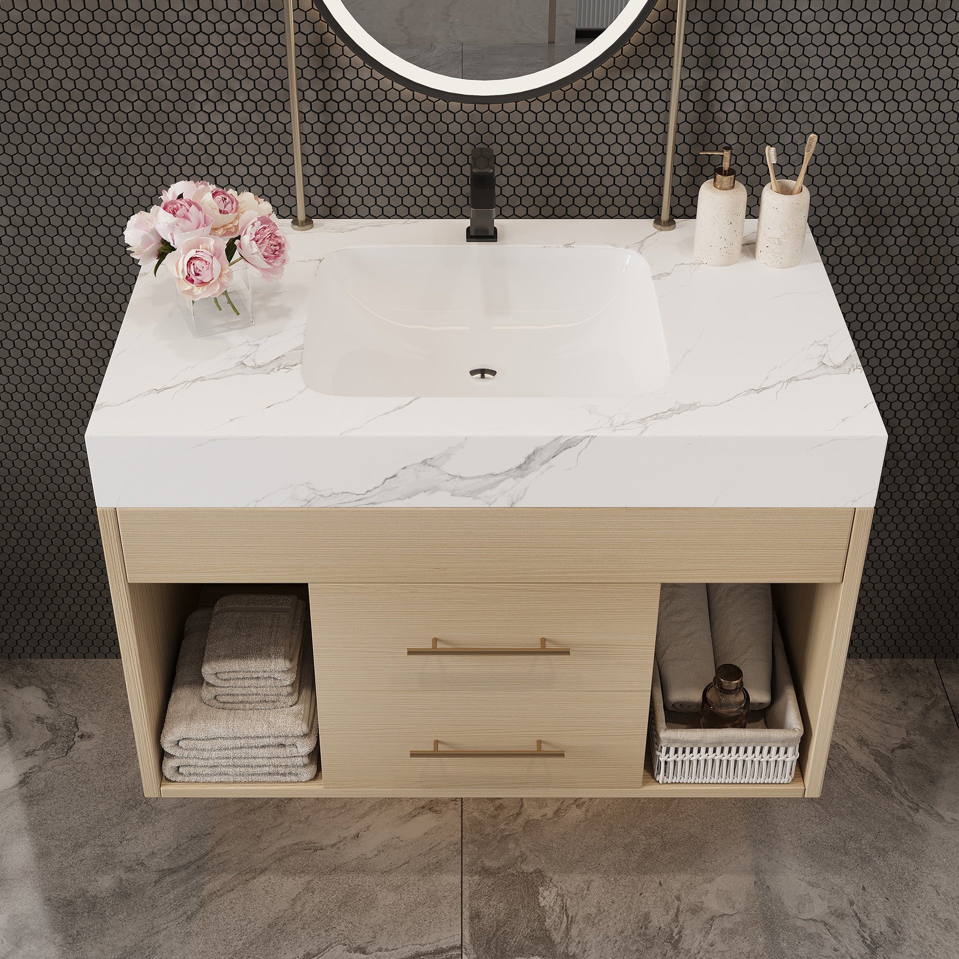 29.9" Modern Floating Bathroom Vanity with Sintered Stone Top Ceramic Undermount Sink Wall-Mounted for Small Bathrooms, Apartment